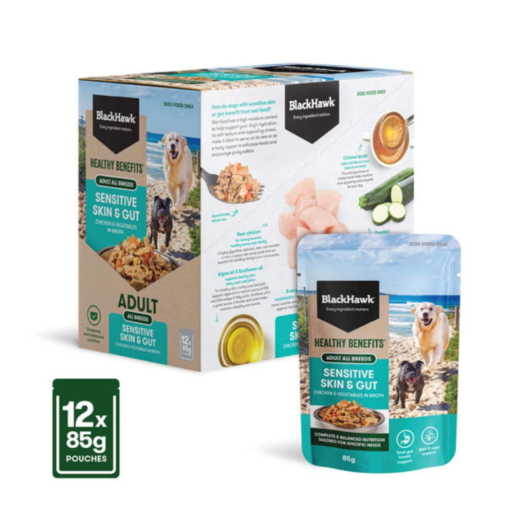 Black Hawk Healthy Benefits Sensitive Skin and Gut Wet Dog Food Pouches