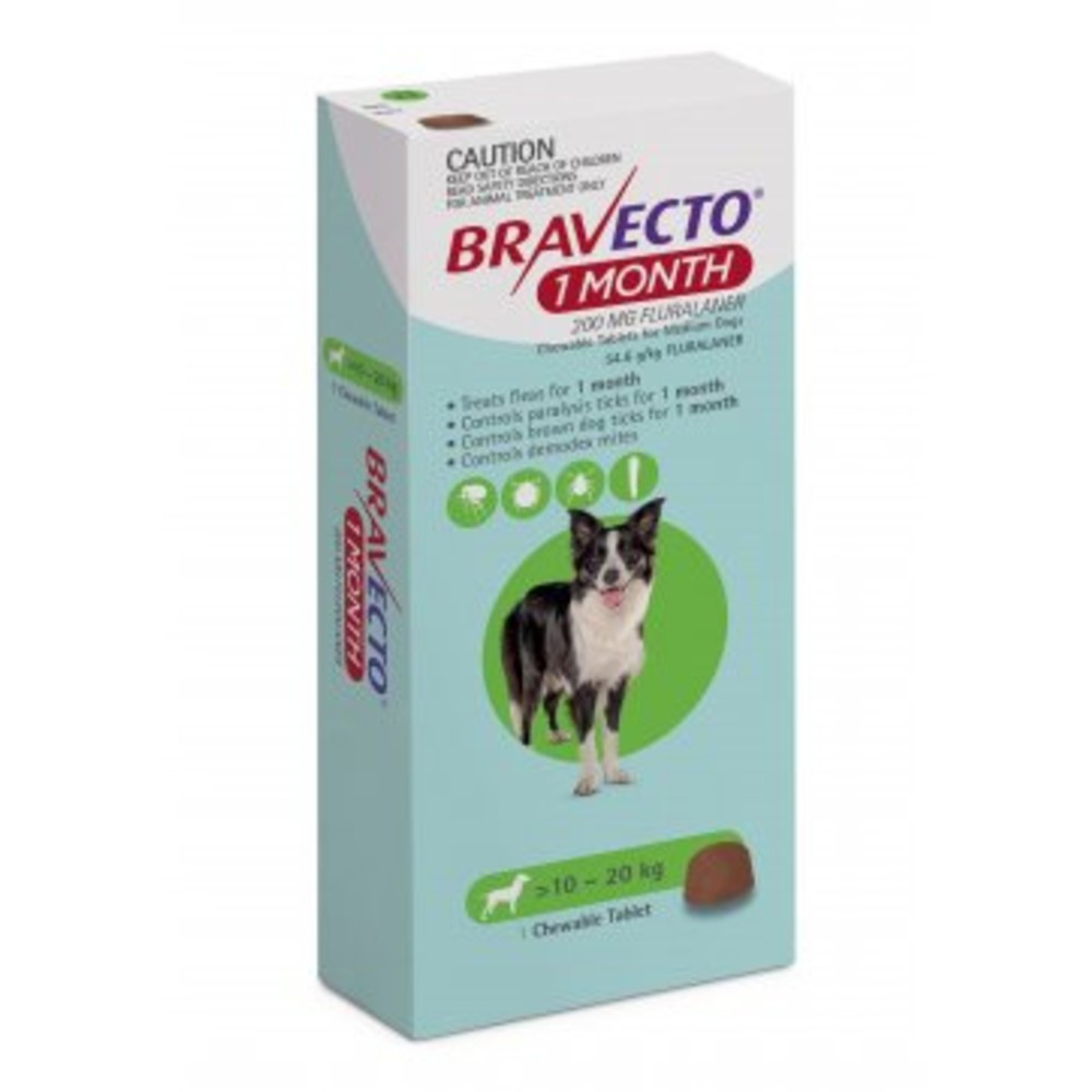 Bravecto Medium 10-20kg Green Dog 1 Month Chew Treatment