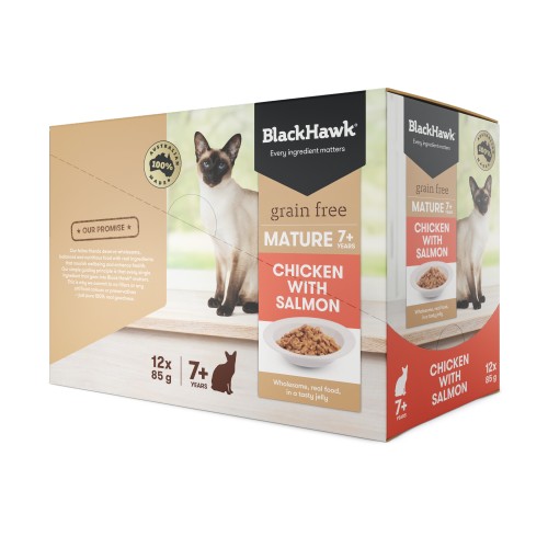 Black Hawk Mature Cat Chicken and Salmon Pouches in Jelly Jumbo Pets