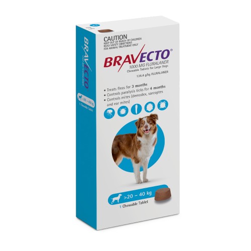 Bravecto Large 20 40kg Blue Dog Flea and Tick Treatment Bravecto